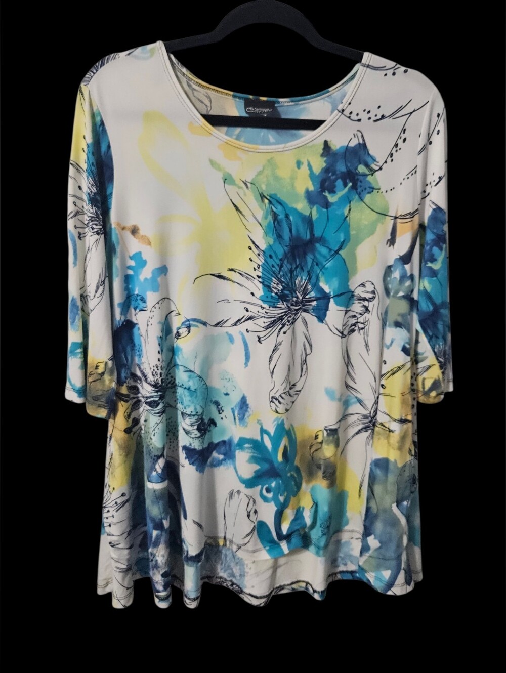 Fashion Caribe XL Women's Abstract Blue Yellow Black Print 3/4 Sleeve Top